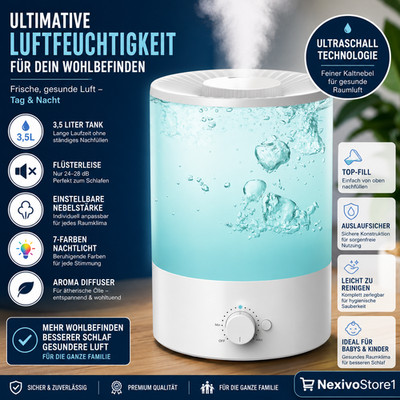 3,5L Ultraschall Luftbefeuchter Top Fill Flüsterleise Aroma Diffuser LED 28dB
