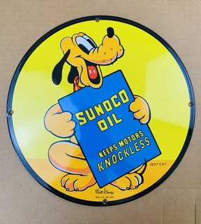VINTAGE SUNOCO OIL PLUTO DOG DISNEY CARTOON OIL PORCELAIN GAS STATION SIGN