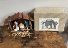 Vintage Handmade wooden Manger Nativity Scene W/Figures in original box Japan 