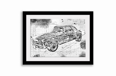 Line Tech Zeichnung Mercedes Benz 280 SL W11 Auto Oldtimer Cutaway Kunst Poster Druck