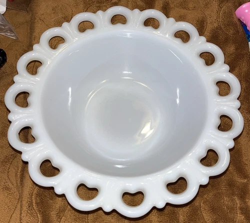White Milk Glass Scalloped Open Lace Edge Candy Dish by Anchor Hocking