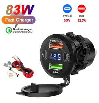 USB Car Charger Dual QC 3.0 PD Port With Voltmeter Outlet Socket for 12/24V
