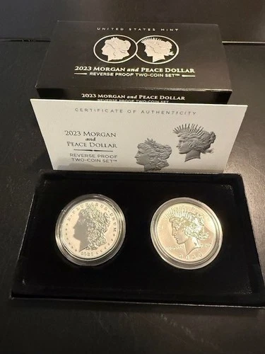 2023-S Reverse Proof $1 Morgan and Peace Silver Dollar 2pc Set Box.  (2 left)