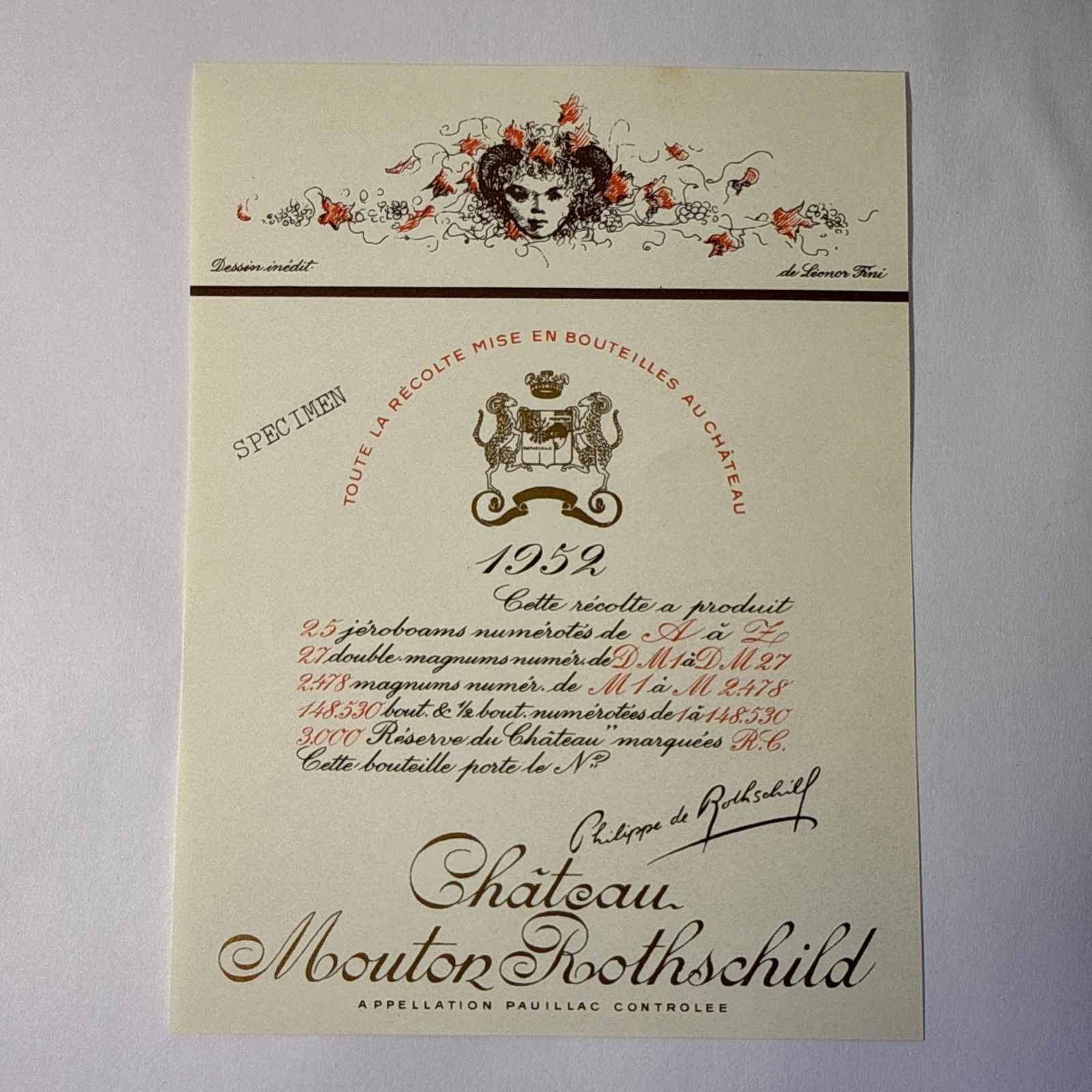 Étiquette De Vin Château Mouton Rotschild Spécimen 1952