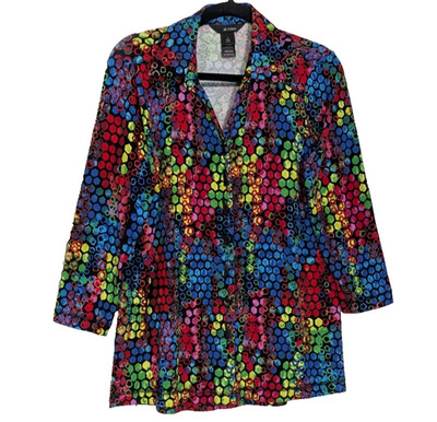 Ali Miles Women's Small 3/4 Sleeve Button Up Tunic Top Abstract Colorful Artsy