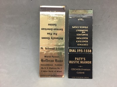 Vtg Matchbook Lot 2 Hofbrau Haus Hallandale Florida & Paty's Rustic Manor Largo