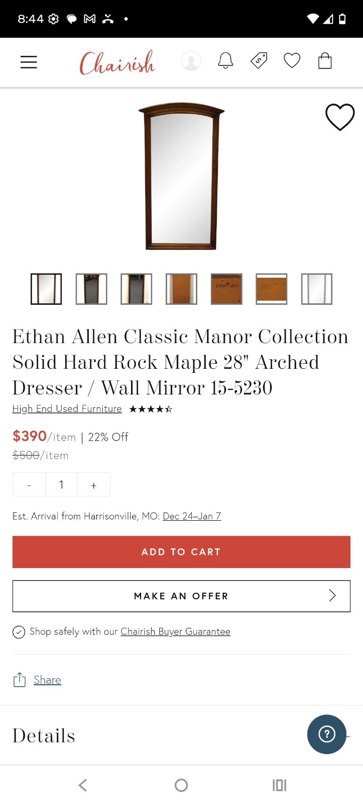 2 Ethan Allen, Classic Manor Collection, Arched Dresser/Wall Mirrors