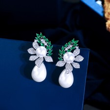 Women Brides Wedding Silver Plated Cubic Zirconia Flower Big Pearl Drop Earrings