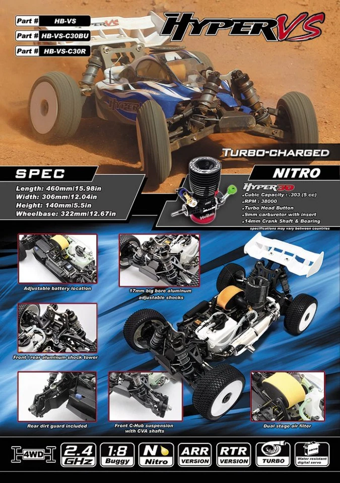 HoBao HB-VS-C30BU 1/8 Hyper VS Buggy Nitro RTR Blue Body w/ 30 Turbo Engine - Image 3 of 3