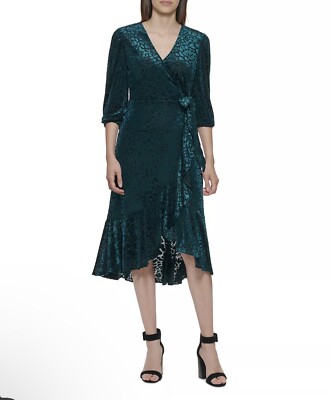 Calvin Klein Green Velvet Animal Print Midi Dress Size 4 | eBay