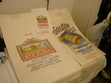 3 DIFF. ANTIQUE WILBER NEBRASKA FLOUR CLOTH FLOUR SACKS GOLDEN BELL LT. HATCHET