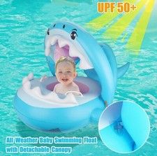 Inflatable Baby Pool Floaty With Canopy, Blue Color, Shark Theme
