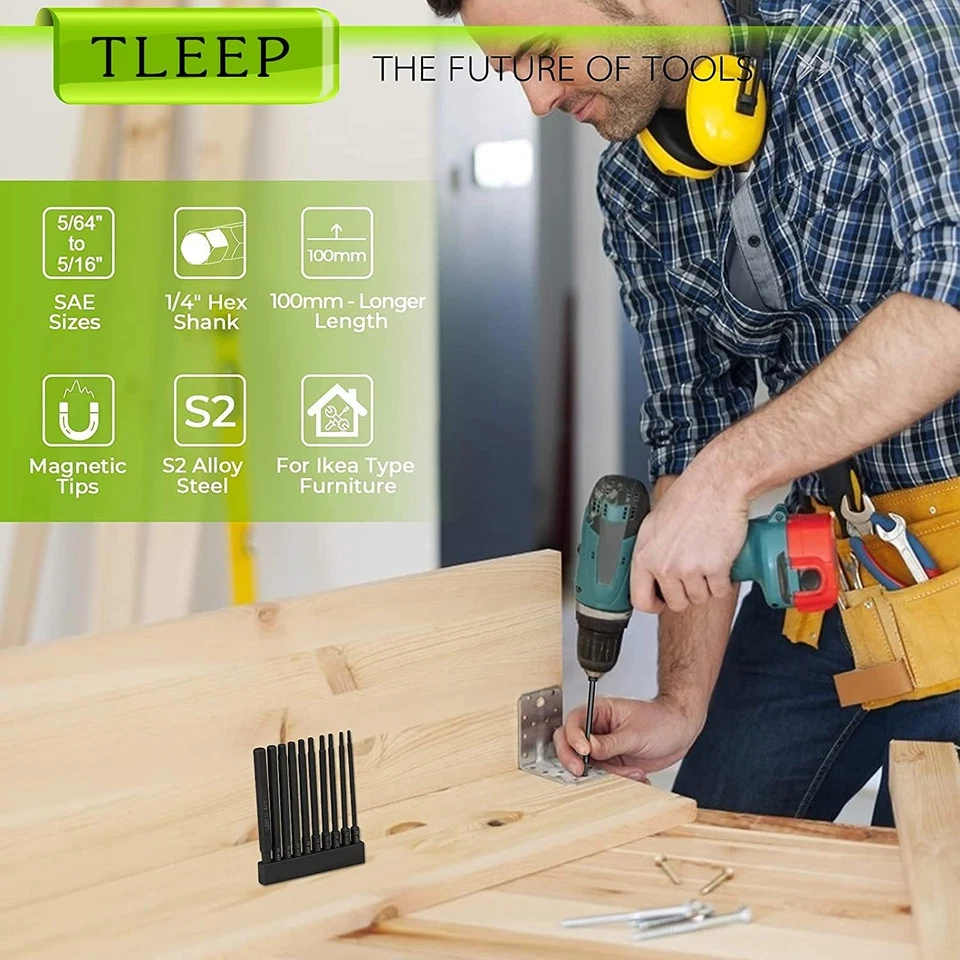 10 X Long 100MM 1/4 Inch Hex Head Allen Wrench Drill Bits, 5/16” to 5/64”, SAE,  - Image 3 of 4