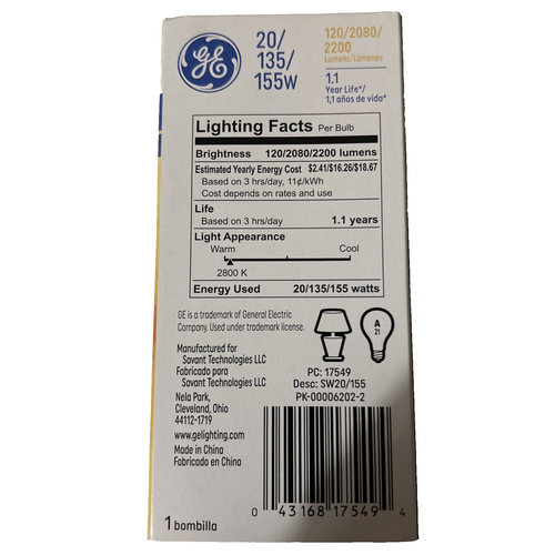 GE Soft White 20/135/155-Watts Three Way Light Bulb A21 Medium Base - Picture 3 of 7