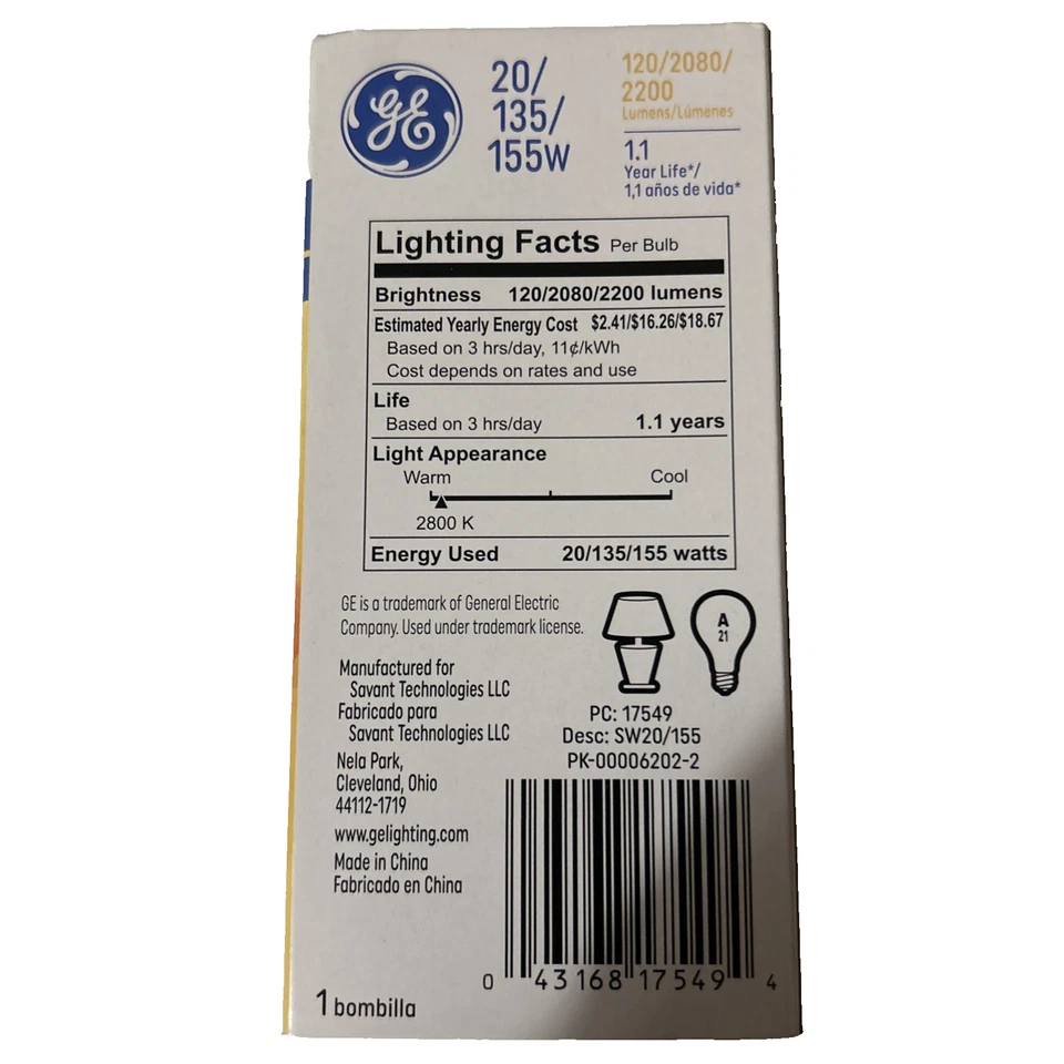 GE Soft White 20/135/155-Watts Three Way Light Bulb A21 Medium Base 6Pk. - Image 4 of 4