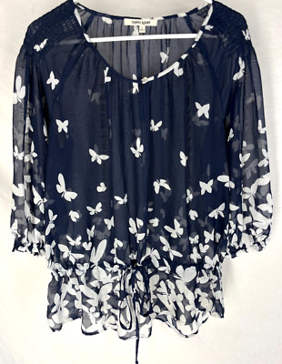DANIEL RAINN STITCH FOIX Blouse Size Medium Blue Butterfly Sheer Tie Waist Boho