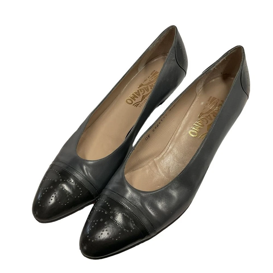 Salvatore Ferragamo Vintage Leather Pump Shoes Size 8.5 Gray Black Block Heel - Image 3 of 4