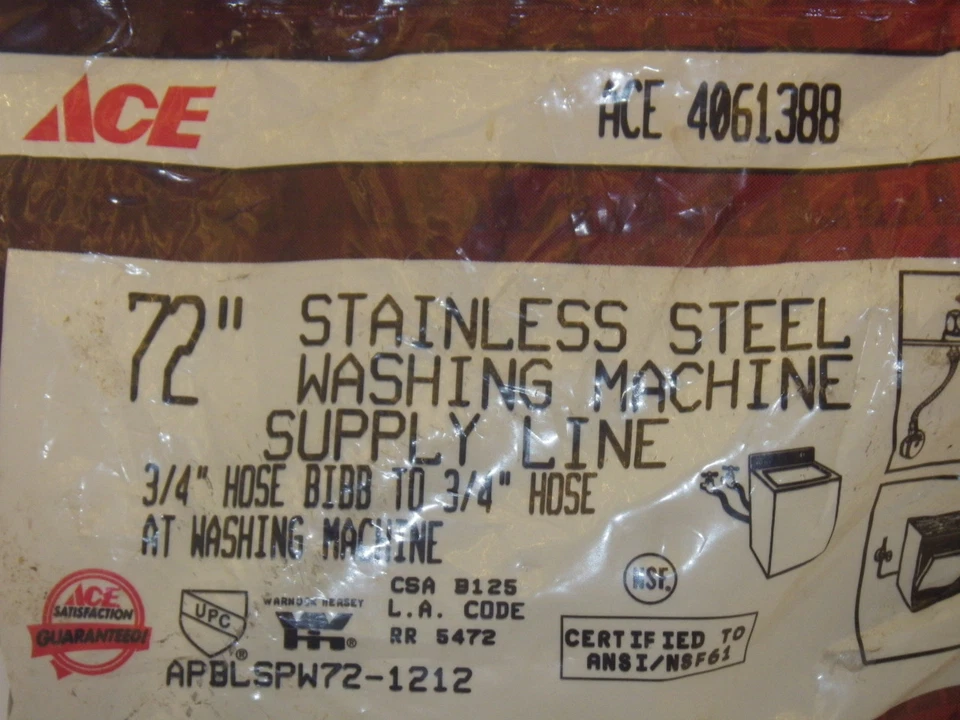 ACE 4061388 72" STAINLESS STEEL WASHING MACHINE SUPPLY LINE 3/4"TO 3/4", NIB - Image 3 of 3