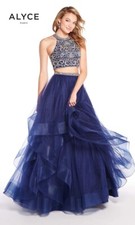 Alyce Paris Navy Halter Beaded 2pc Tulle Gown New with Tags Size 2