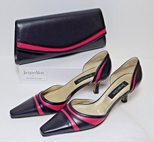 Jacques Vert Navy Fuchsia Leather Court Shoes UK 8 NEW  & Matching Bag Used VGC