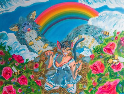 Vee CR, ''The Birds and the Fur-Bees,'' 2021. Acrylic on Linen, 36''x48''.