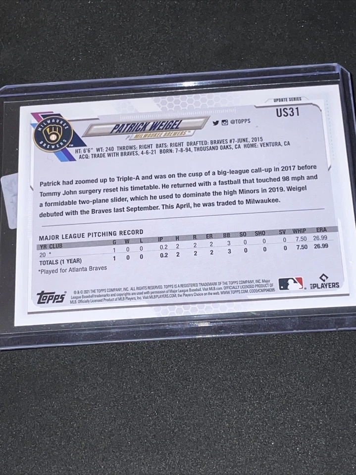 2021 Topps Update Patrick Weigel RC Milwaukee Brewers #US31 - Image 2 of 2
