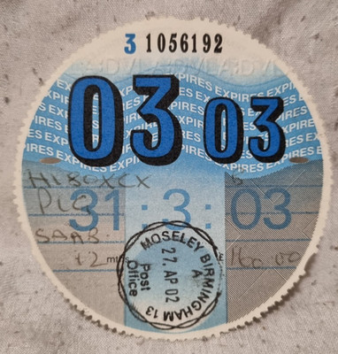 Car Tax Disc / UK / 03 03 / H180 XCX / war auf Saab 900 lpt Aero / TOP 