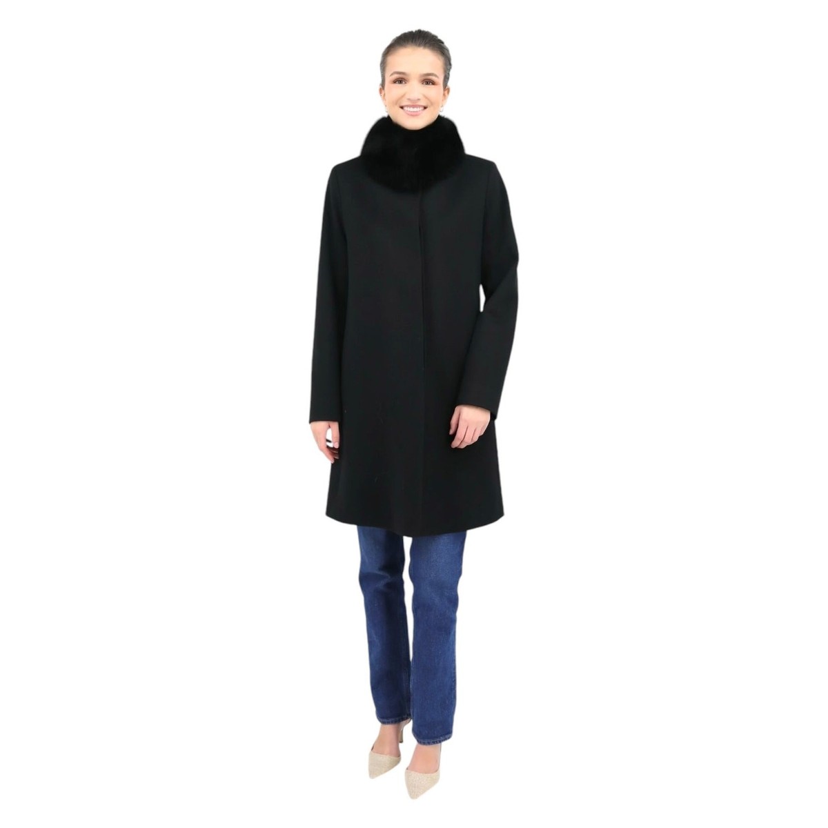 Fleurette Loro Piana Italian Wool Black Fox Fur Trim Collar Coat