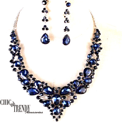 HIGH END DARK BLUE GLASS CRYSTAL, PROM WEDDING FORMAL NECKLACE JEWELRY SET*