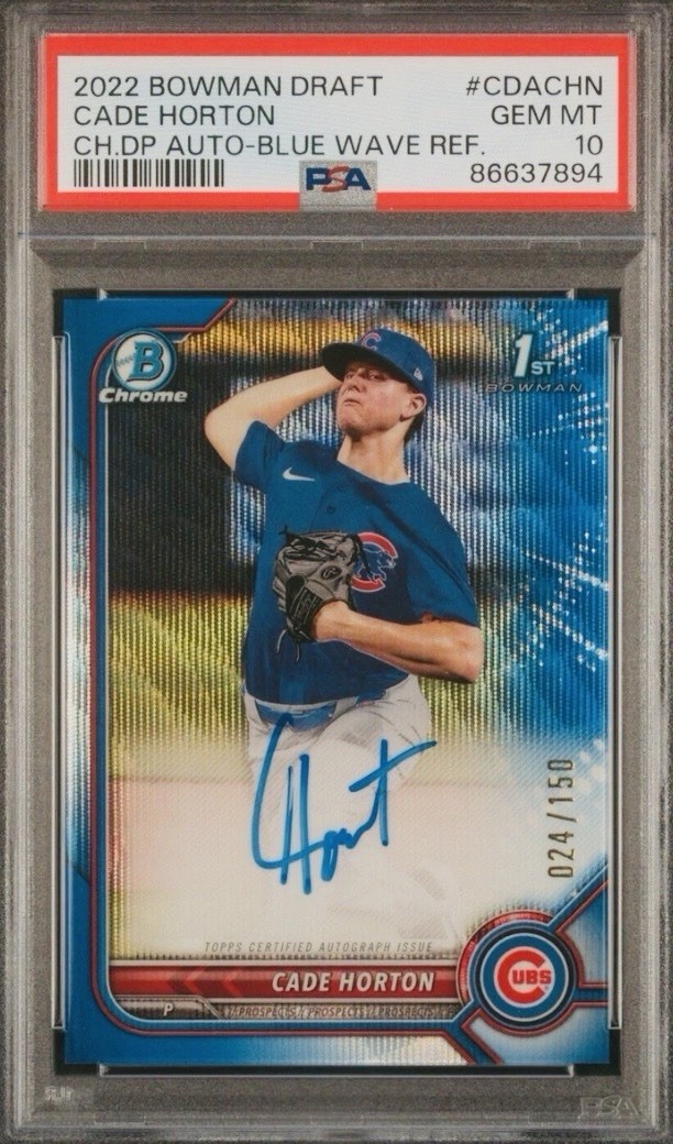 2022 Bowman Chrome Draft -Cade Horton 1st Blue Refractor AUTO RC/150 GEM💎PSA 10