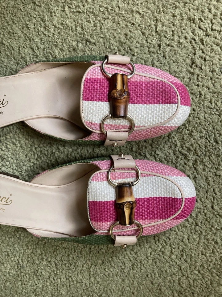 GUCCI Bambú Horsebit Mules Rosa Blanco Verde Rayas Lona Talla 7.5B Italia Foto 4 de 4