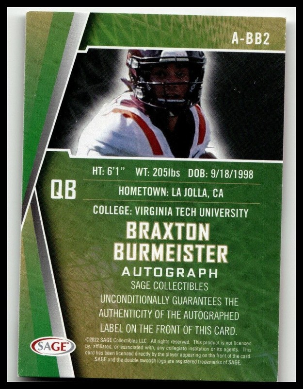 2022 SAGE #A-BB2 Braxton Burmeister Autographs Black