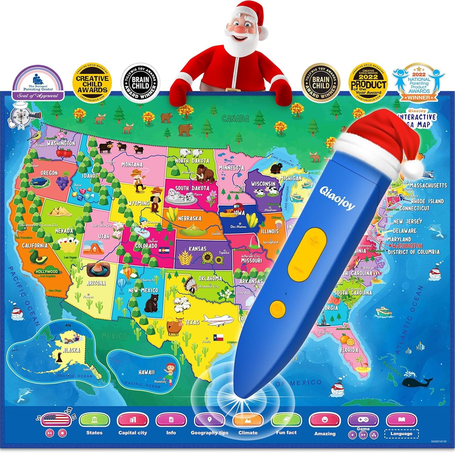 Qiaojoy V2 Interactive Kids Map Bilingual United States Map for Kids Learning,