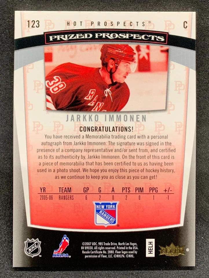 2006-07 Fleer Hot Prospects JARKKO IMMONEN Prized Rookie Patch Auto RC SP /599 - Image 2 of 2