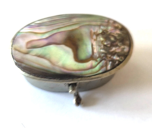Vintage Mexican Alpaca Silver Abalone Shell Hinged Pill Trinket Box Mexico