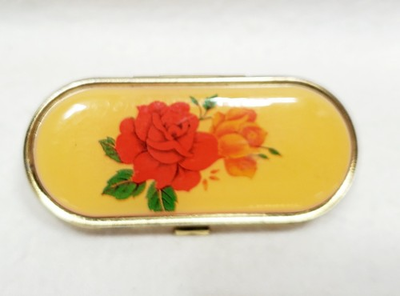 #ad Vintage Lipstick Tube Holder Gold Tone With Mirror Spray Of Roses Red Orange $22.00