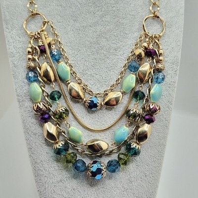 Boho Layering Multi Strand Clay Glass Faceted Bead Bib Necklace Summer Vacation