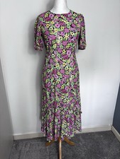 New Look Floral Midi Dress UK 10 Pink Green 100% Viscose H25