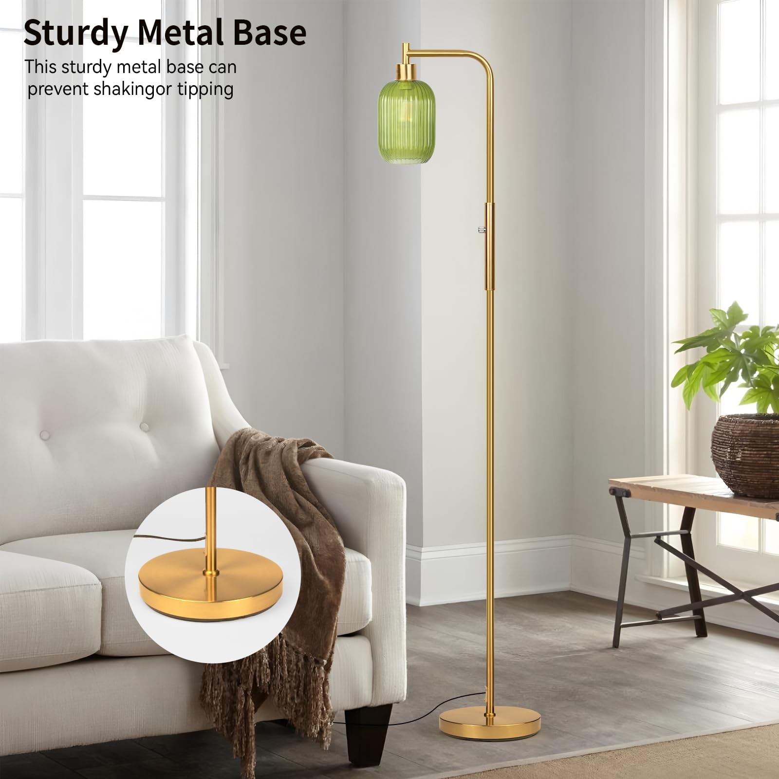 Glass Floor Lamp for Living Room, Dimmer Standing Lamp with Green Ribbed Lamp...