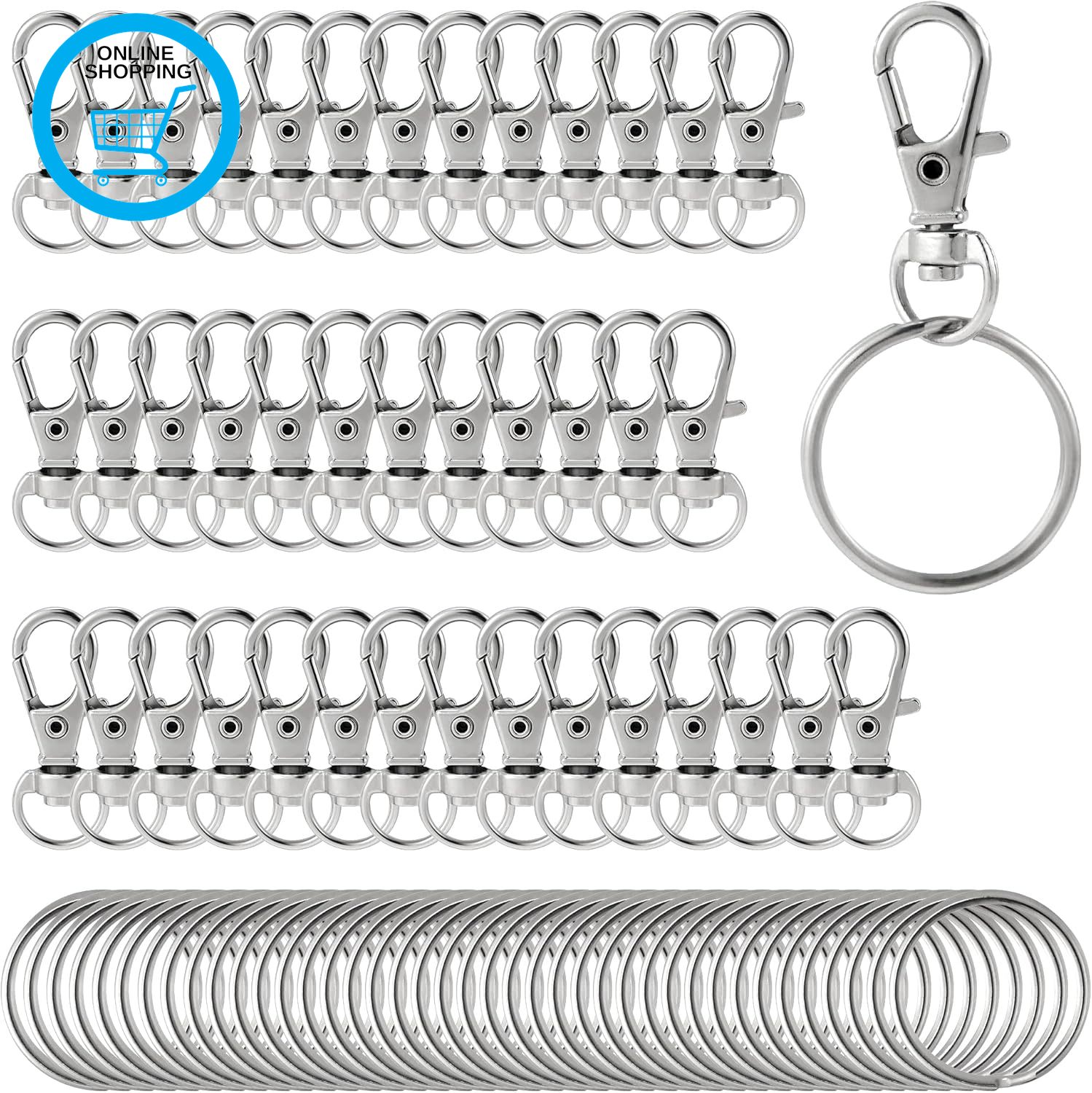 80Pcs Swivel Lobster Clasps, Key Rings, 40PCS Clasps and 40PCS Key Ring Hoops, S