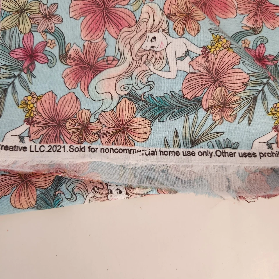 Little Mermaid Tropical Floral Cotton Fabric 19 x 45 Disney Princess Ariel - Image 2 of 4