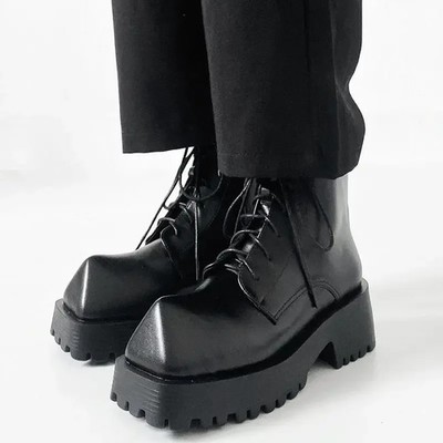 Black Rhino Horn Square Toe Mid-Calf Motorcycle Boots Men Platform Leather Shoes