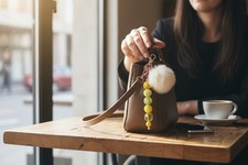Yellow Green Beaded Keychain With Faux Fur Pom-Pom And Rose Gold Hardware