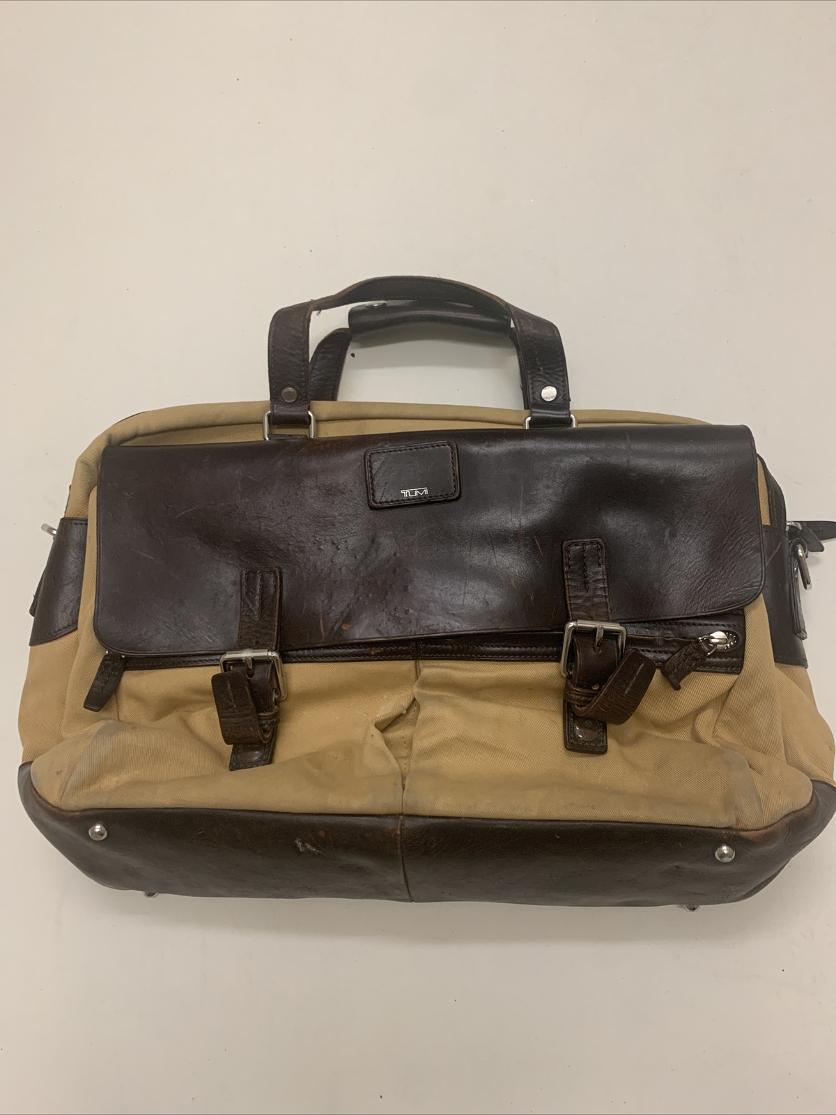 Tumi Brown Leather Canvas Laptop Briefcase Carry On M… Gem