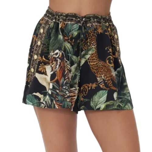 Camilla Easy Tiger Drawstring Embellished Silk Shorts Slash Crystal Pockets L