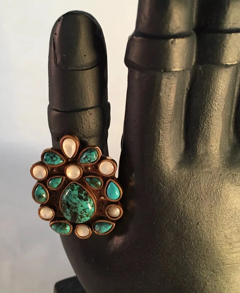 COLLEEN LOPEZ DESIGN BY CL TURQUOISE AND MOTHER OF PEARL BRONZE RING~ 10 - Image 2 of 4