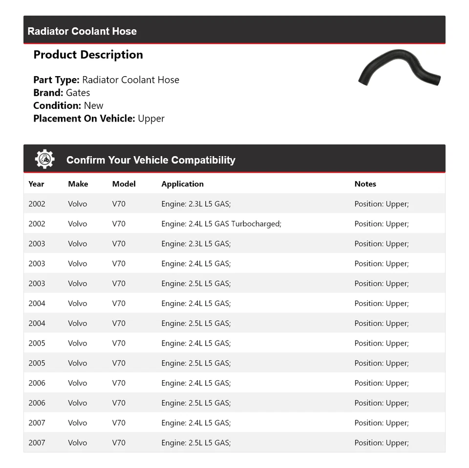 Manguera de refrigerante de radiador puertas superiores para Volvo V70 2002-2007 2003 2004 2005 2006 Foto 2 de 4