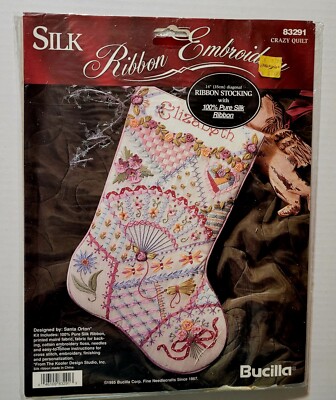New Bucilla Silk Ribbon Embroidery Art Kit 83291 Crazy Quilt Christmas Stocking