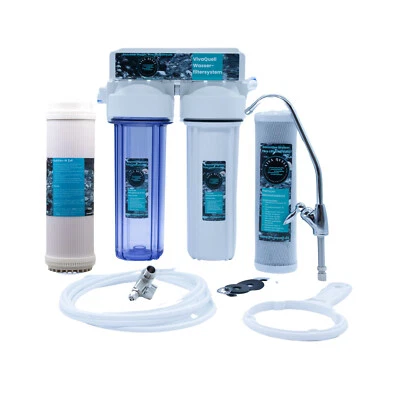 VIVAQUELL 2 Stufen Wasserfilter Anlage SET + Ersatz Filter gegen Kalk Chlor Trinkwasser