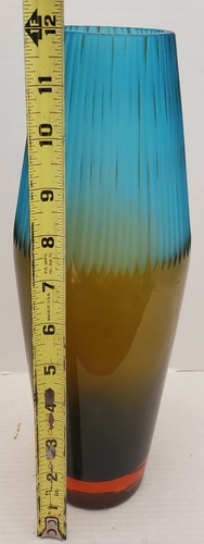 Vintage MCM Art Glass Vase Elliptical Vertical Frosted Blue Amber Bottom 12" - Picture 7 of 9